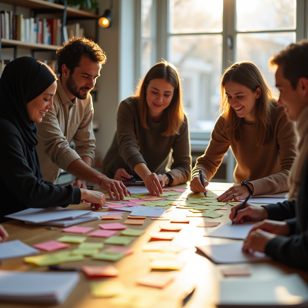Gruppe bei einem Workshop mit handschriftlichen Notizen und Klebezetteln auf dem Tisch