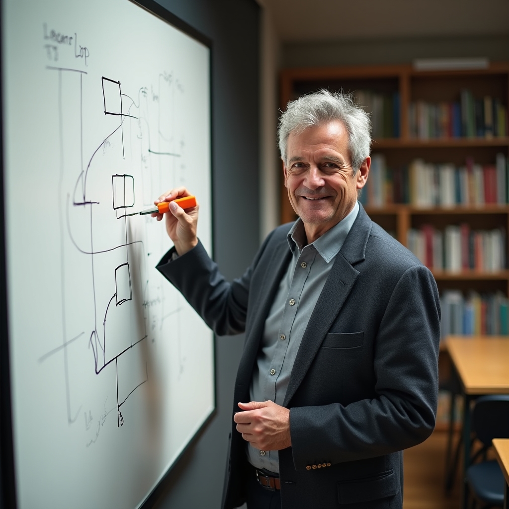 Trainer erklärt an einem Whiteboard ein einfaches Ablaufsystem für Projektkoordination