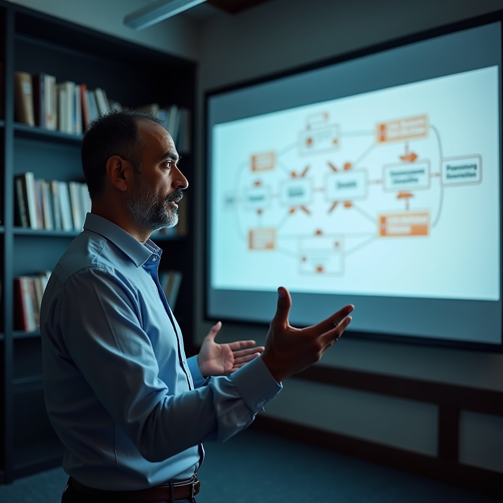 Referent erklärt während einer Online-Session ein Ablaufdiagramm auf einem Bildschirm