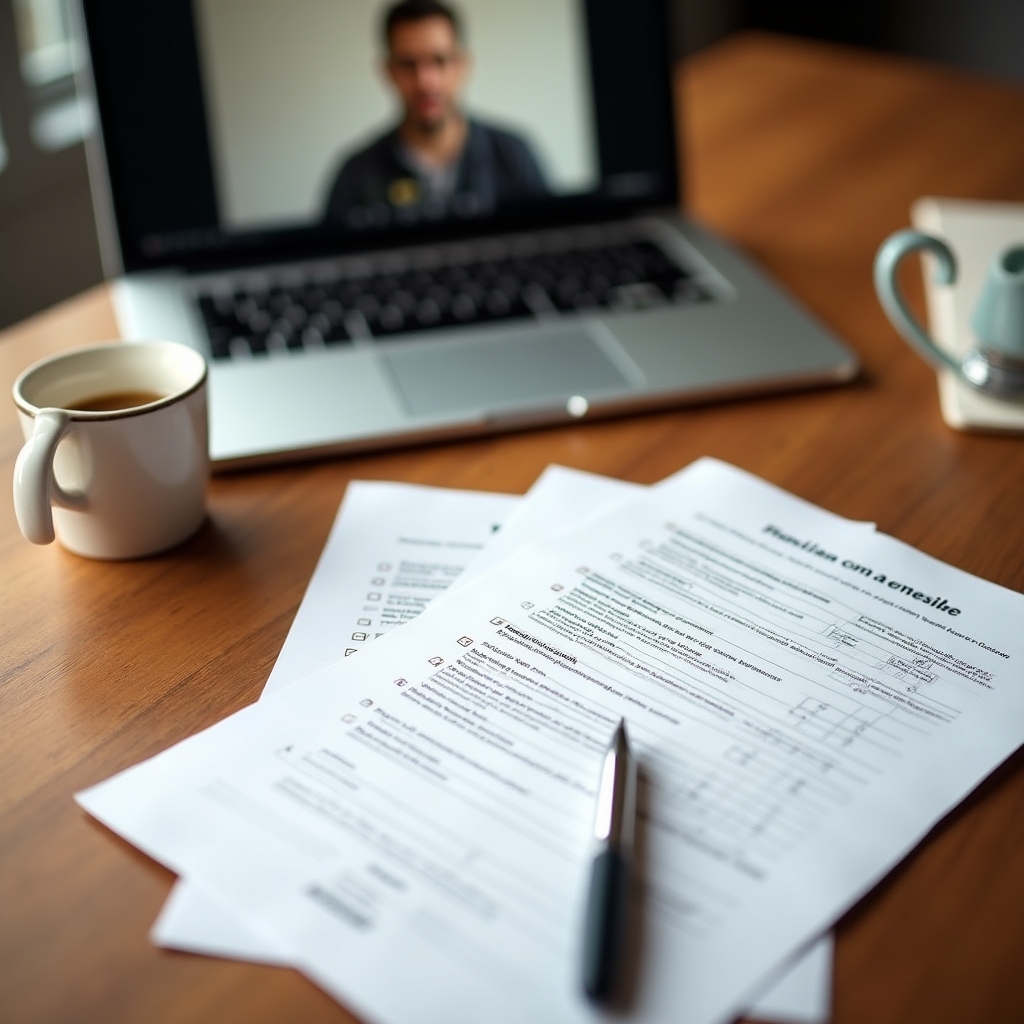 Ausgedruckte Arbeitsunterlagen und ein Laptop mit Webinar-Ansicht auf einem Schreibtisch
